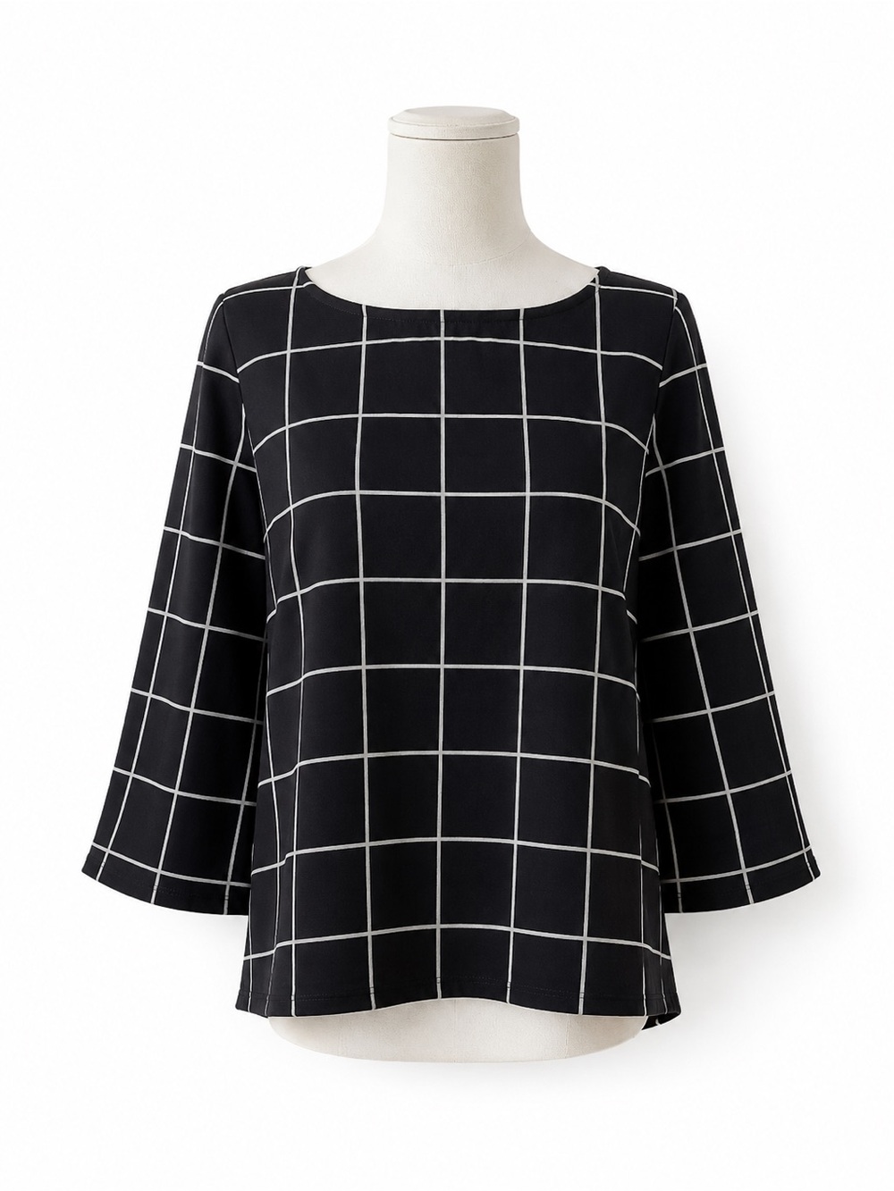 Melloday Black White Windowpane Blouse Medium 3/4 Sleeve Minimalist Career